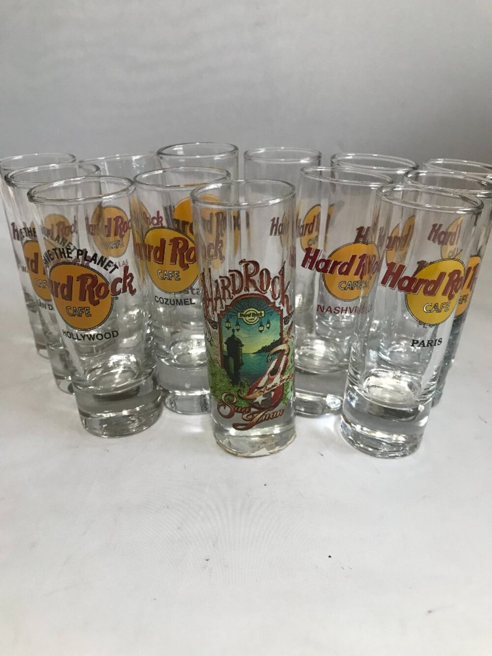 Hard Rock Double Shot Glasses Set of 13 - various locations San Juan, Paris, Coz